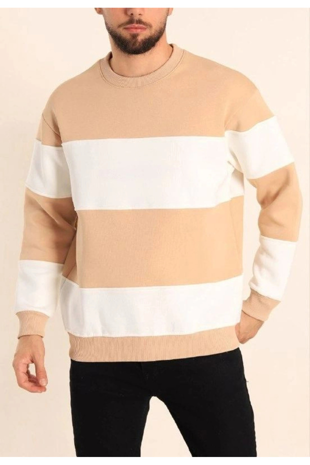 Marchè Bien Men's 3 Thread Cotton Segmented Crew Neck Sweatshirt - Beige