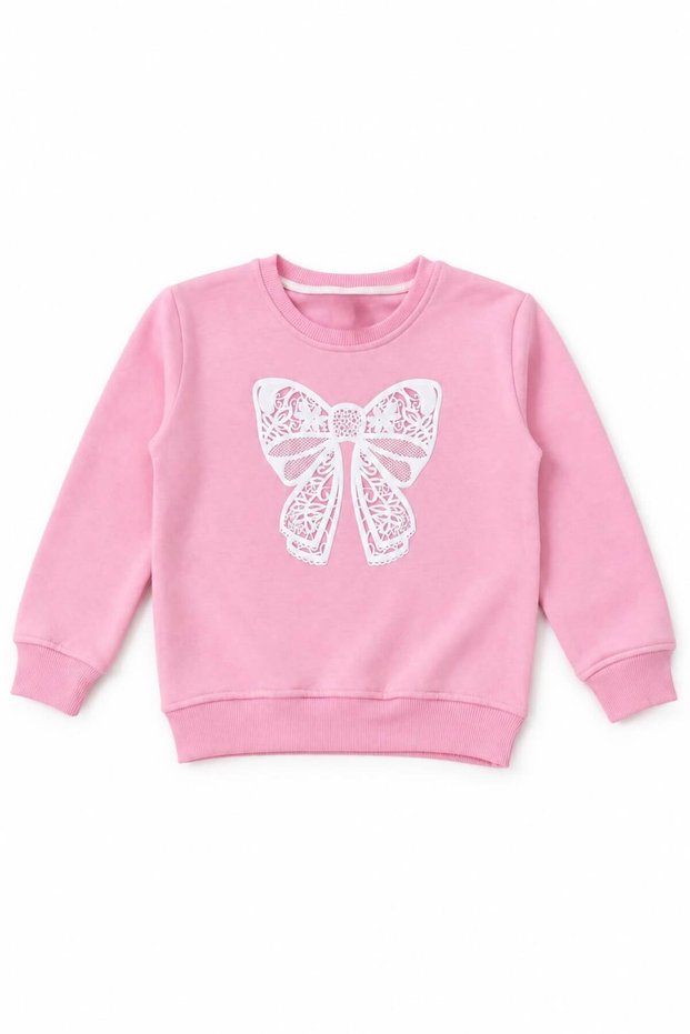 Girl's Bowknot Printed Sweatshirt 100% Cotton with Fleece Inside
