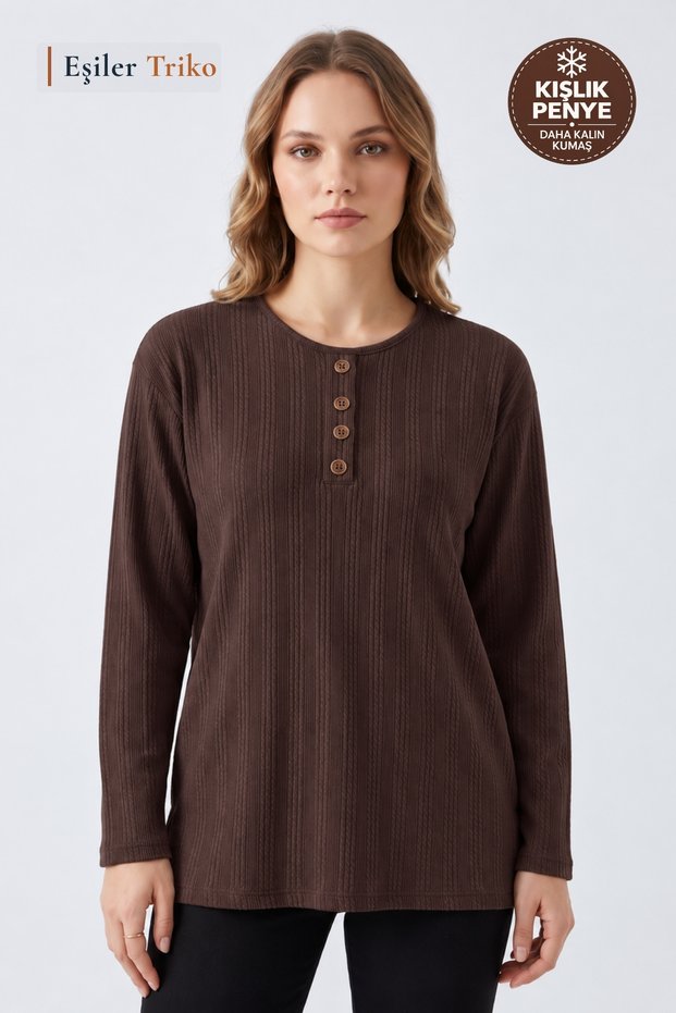 Women's Winter Twisted Patterned 4-Button Knitwear Look Mother's Combed Cotton Blouse