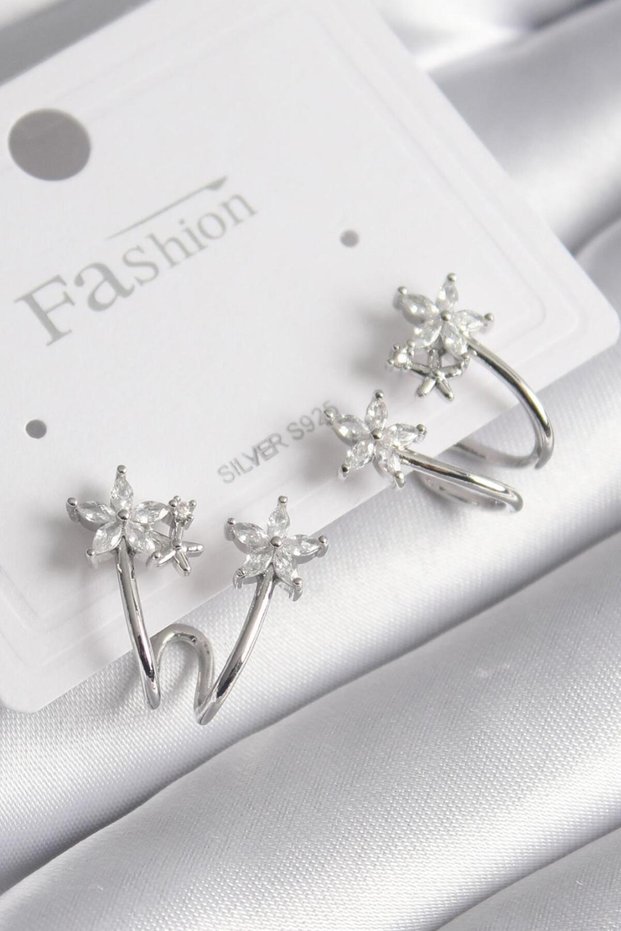 Brass Silver Color Zircon Stone Flower Model Women's Earrings