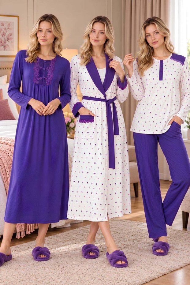 Mecit 6415 Purple Women's Plus Size Dressing Gown Pajamas Nightgown Set