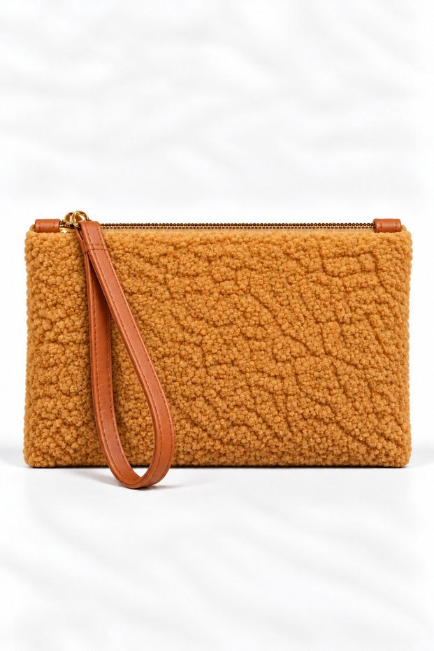 Women's Brown Plush Wristlet Bag with Zipper, Soft Textured Portfolio & Clutch Bag