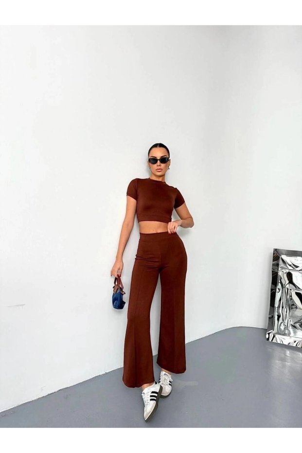 Marchè Bien Women's Osy Modal Soft Fabric Short Sleeve Crop Top and Spanish Flare Pants Two-Piece Set - K