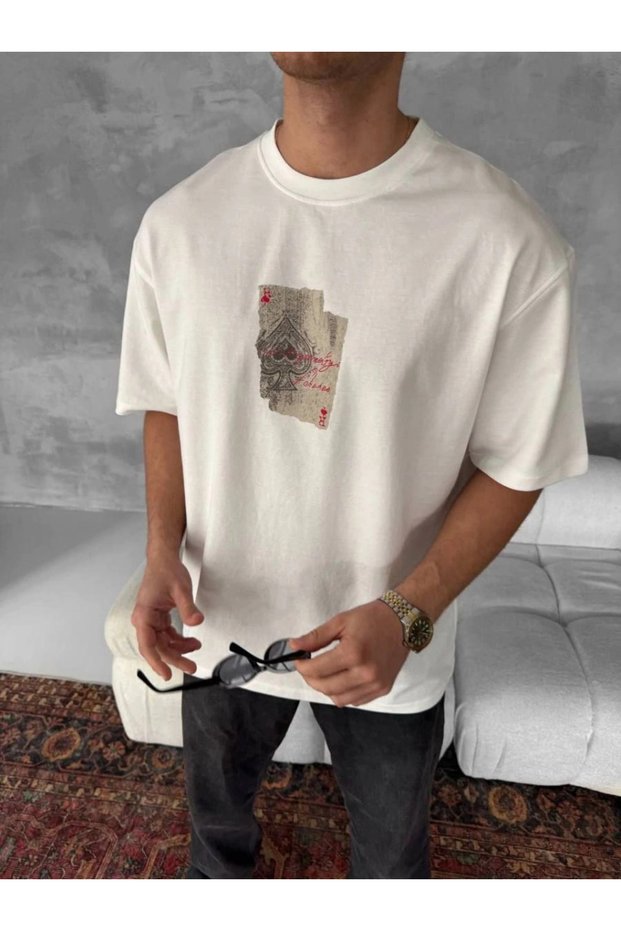 Men's T-Shirt Short Sleeve Front and Back Printed Oversize Crew Neck T-Shirt - White