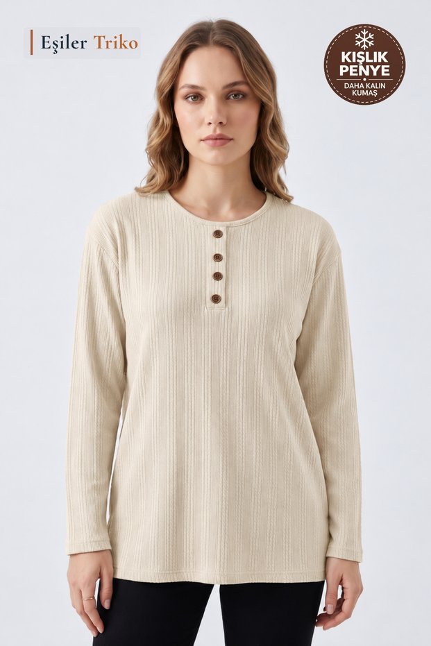 Women's Winter Twisted Patterned 4-Button Knitwear Look Mother's Combed Cotton Blouse