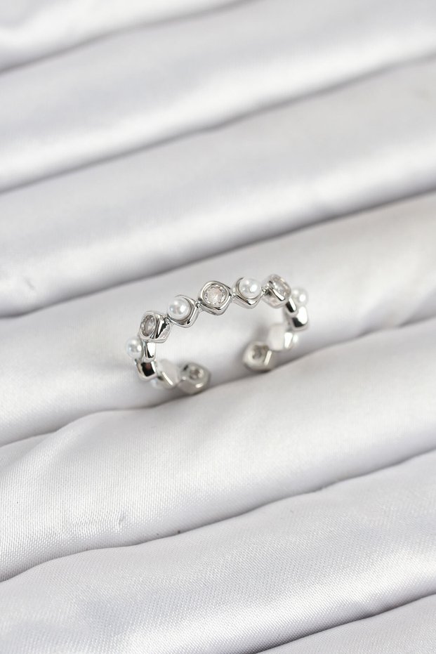 Brass Silver Color Zircon Stone Pearl Women Ring