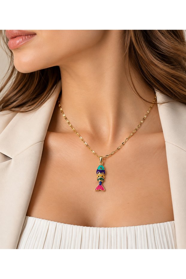 Colorful Enamel Fish Figure Steel Necklace 41+6cm Acr9689