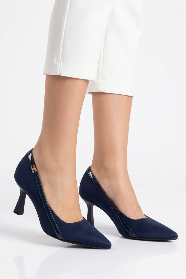 Zaret side buckle women's low heeled stiletto navy blue satin
