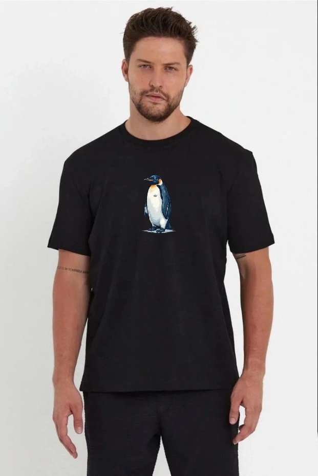 Marchè Bien Men's T-Shirt Penguin Printed Crew Neck Short Sleeve Summer T-Shirt - Black
