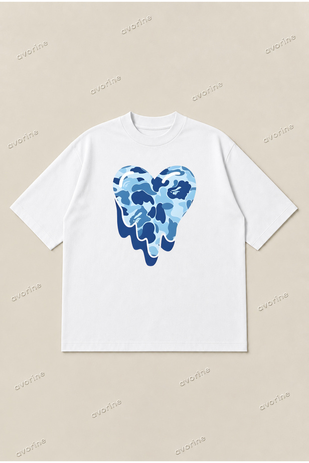 Bape Blue Heart Printed Oversize Boxy Cut Unisex 100% Cotton Tshirt | Streetwear