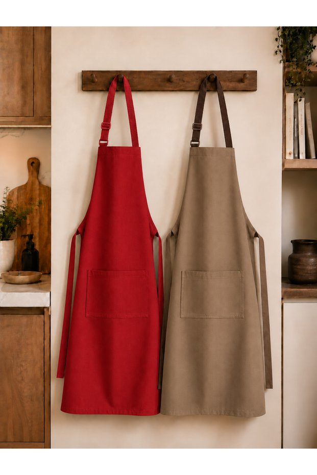 Premium Kitchen Apron Set of 2 Stain-Resistant Water-Repellent Fabric Adjustable Straps Plain Double Kitchen Apron