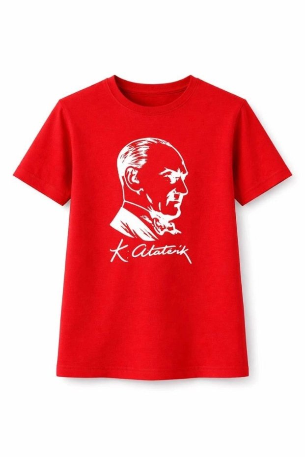 Girl's Ataturk Printed T-Shirt Short Sleeve Crew Neck T-Shirt - Red