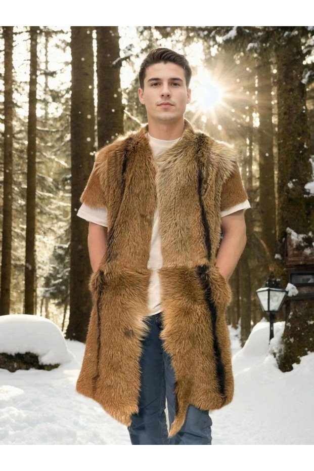 Marchè Bien Erkek Premium Natural Fur Leather Sleeveless Long Vest - Coffee