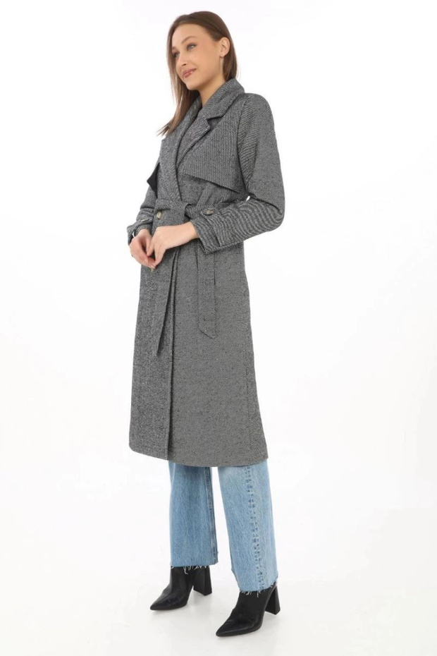 Marchè Bien Women's Long Cashmere Coat with Herringbone Weave, Double-Breasted Collar, Belted, with Pockets - Smoked