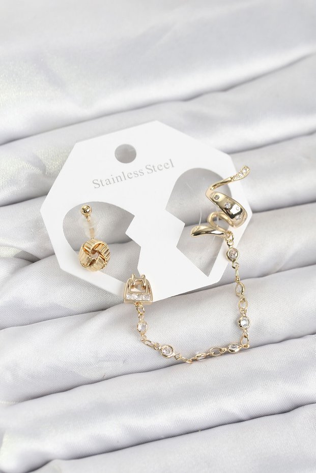 Brass Gold Color Snake Model Chain Linked Ear Cuff Earring Set