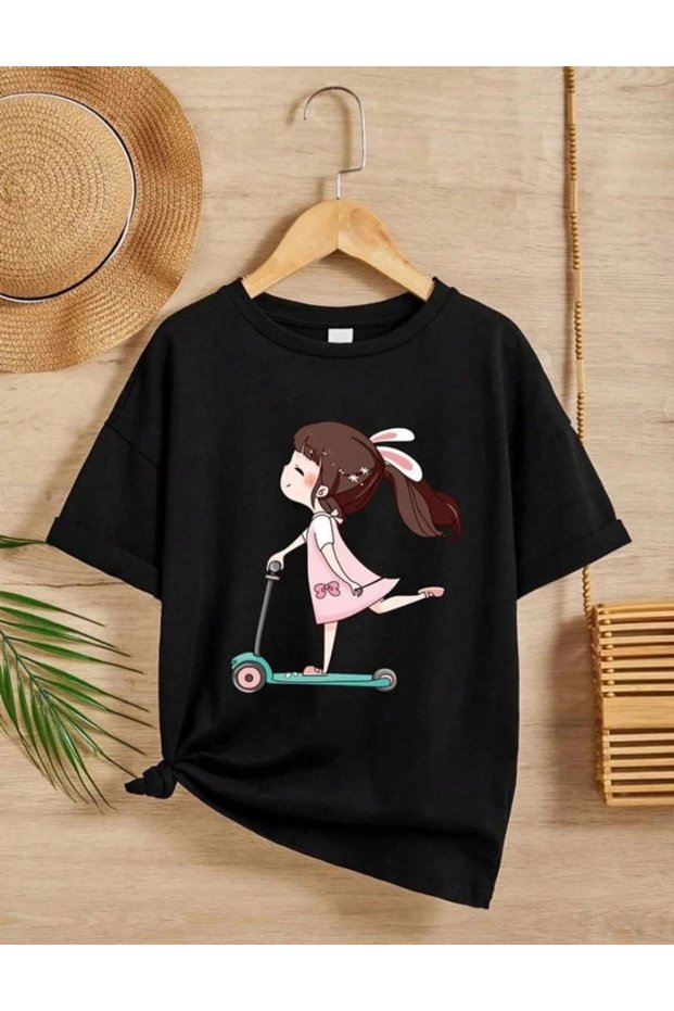 Girl's Crew Neck Printed T-Shirt - Black