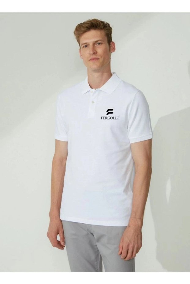Marchè Bien Men's Pique Polo Collar T-Shirt with Buttons and Print - White