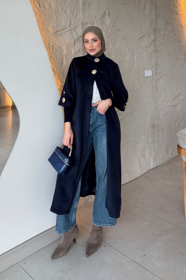 Şah Gold Buttoned Coat Navy Blue