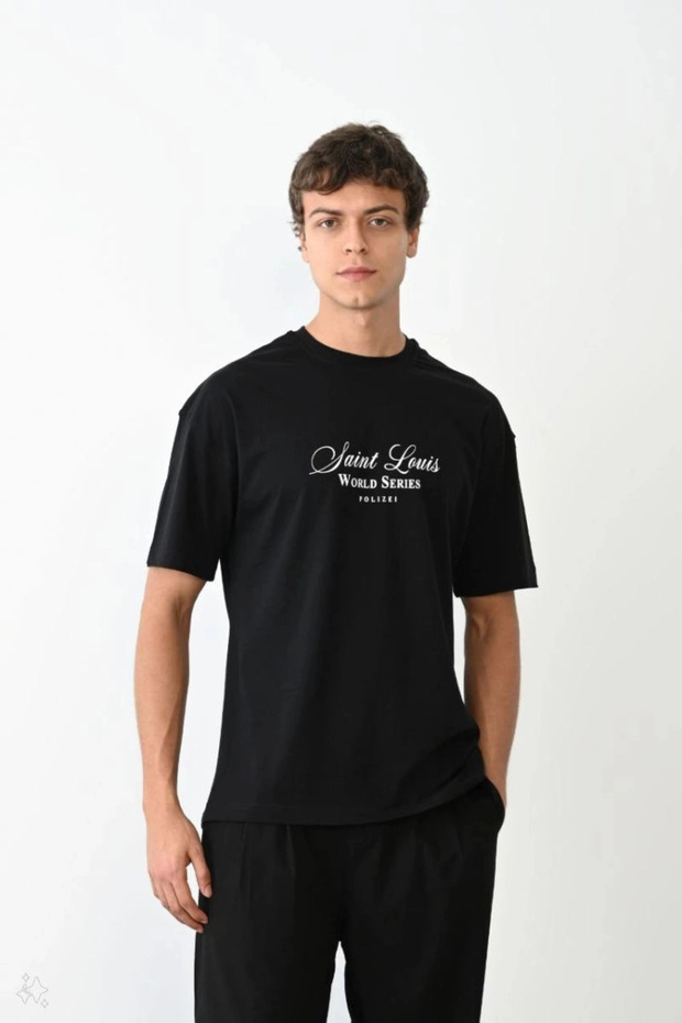 Men's Short Sleeve Summer T-Shirt Crew Neck Printed Oversize T-Shirt - Black