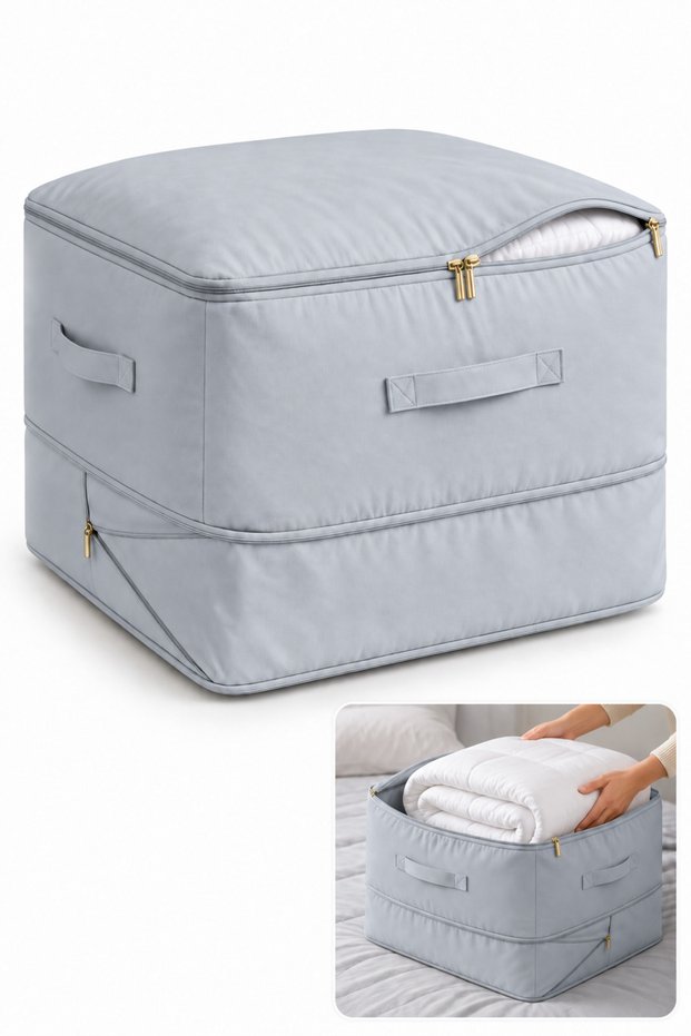 Zipper Compression Bedding Storage Bag, No Vacuum Needed, Duvet & Blanket Organizer with Handles, 52 x 42 x 30 cm, Grey