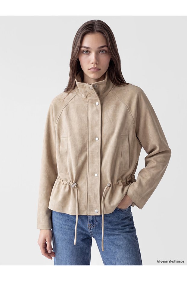 Nevavm Lcw Modest Beige Gathered Suede Look Women's Jacket with a Difference