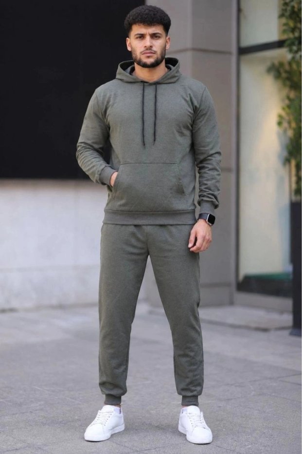 Men's Two Thread Hooded Kangaroo Pocket Sweatshirt Jogger Pants Bottom Top Tracksuit Set - Khaki
