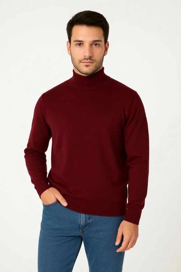 Marchè Bien Erkek Half-Throat Knitwear Soft Textured Cotton Long Sleeve Sweater - Burgundy