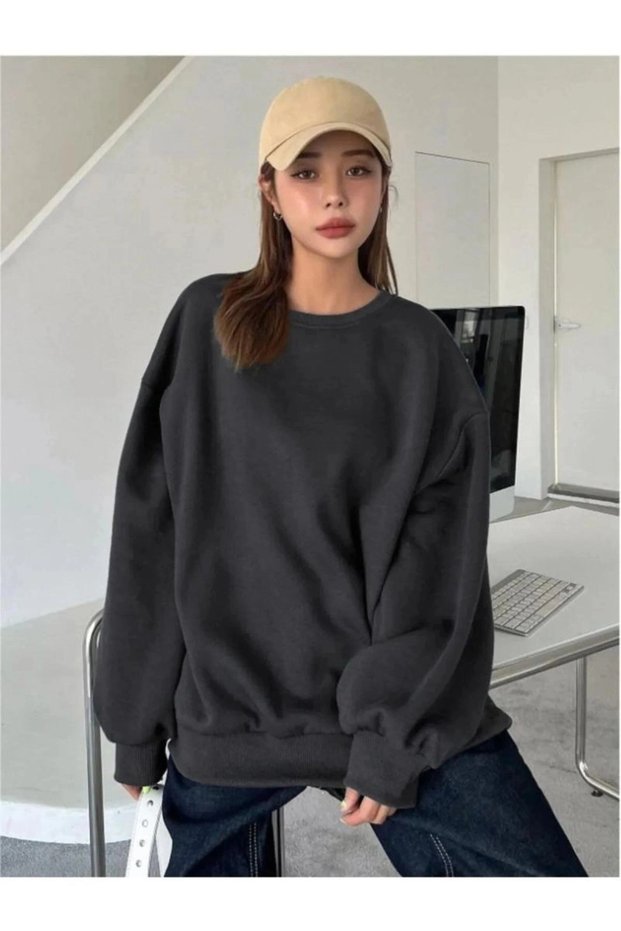 Marchè Bien Women's Plain Crew Neck 3 Thread Sweatshirt - Black