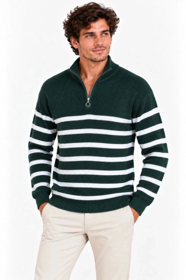 Marchè Bien Men's High Collar Half-Zip Striped Thessaloniki Knit Sweater - Nefti Green