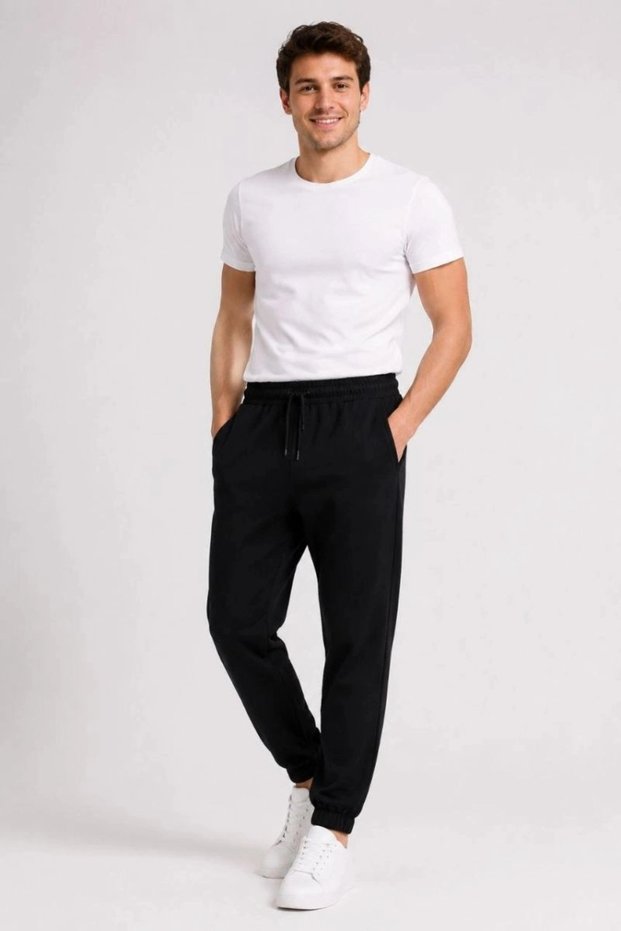 Men's Two-Thread Elastic Waist Lace-Up Regular Fit Jogger Sweatpants - Black