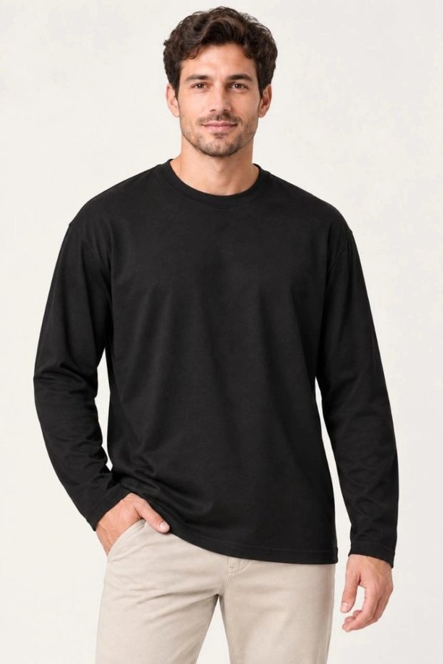 Men's modal soft touch crew neck long sleeve t-shirt sweatshirt - black