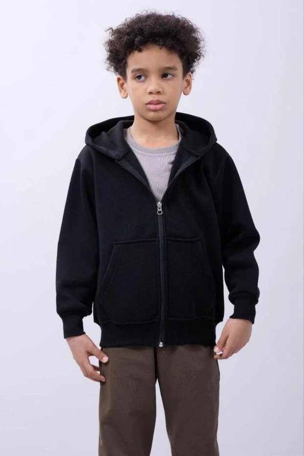 Boy's Hooded Kangaroo Pocket Full Zip Cardigan Sweatshirt - Black