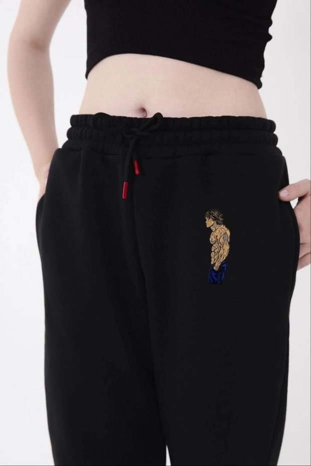Women's Three-Thread Cotton Printed Sweatpants with Elastic Cuffs - Black