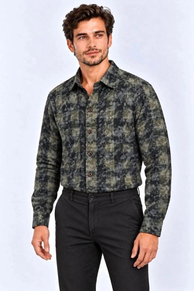 Marchè Bien Men's Plaid Checkered Batik Washed Shirred Long Sleeve Regular Fit Lumberjack Shirt - Khaki
