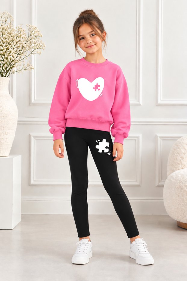 Heart Puzzle Printed Top and Bottom Set Sweat - Leggings