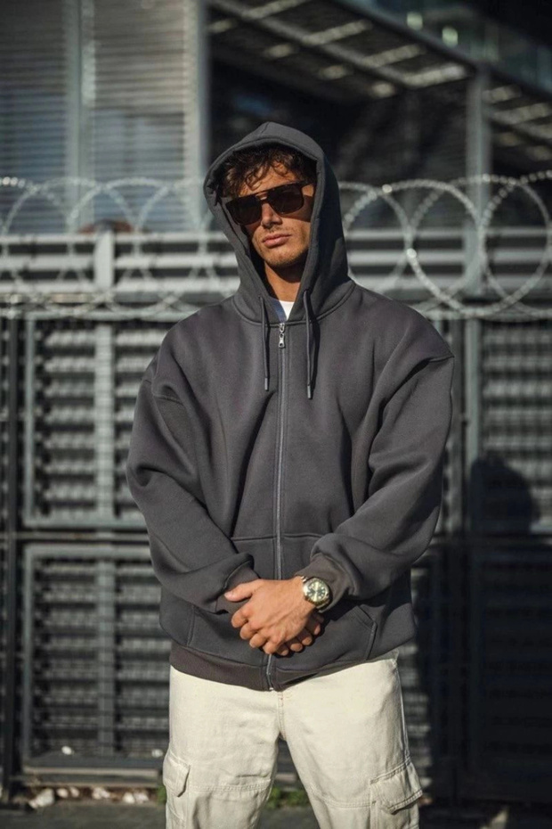 Marchè Bien Men's Full Zipper Pocket Hooded 3 Thread Cotton Hoodie Sweatshirt - Smoked