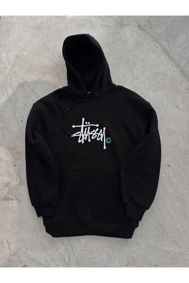 Men's Three Thread Hooded Printed Sweatshirt - Black