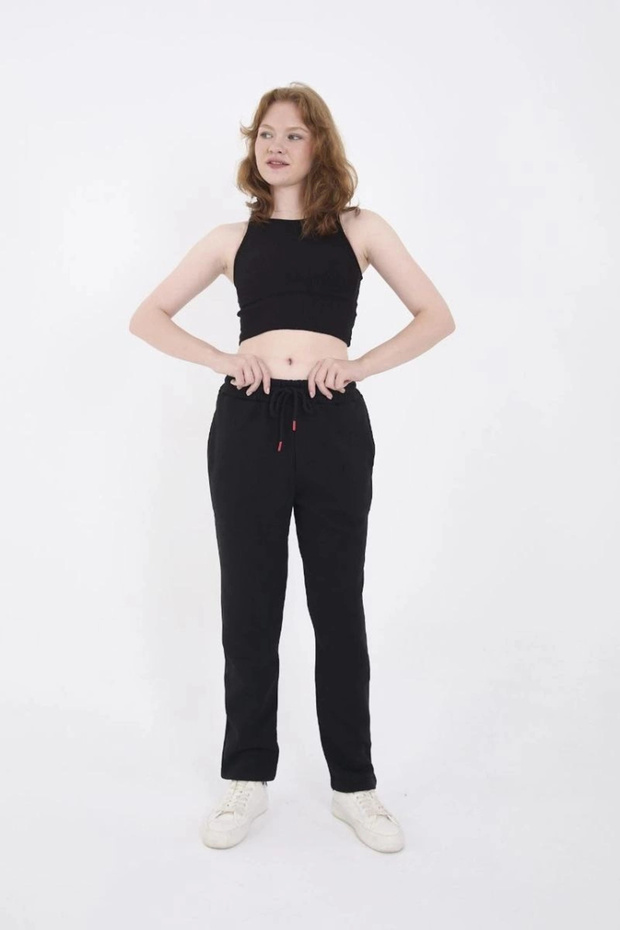 Women's 3 Thread Cotton Pipe Leg Sweatpants with Pockets - Black