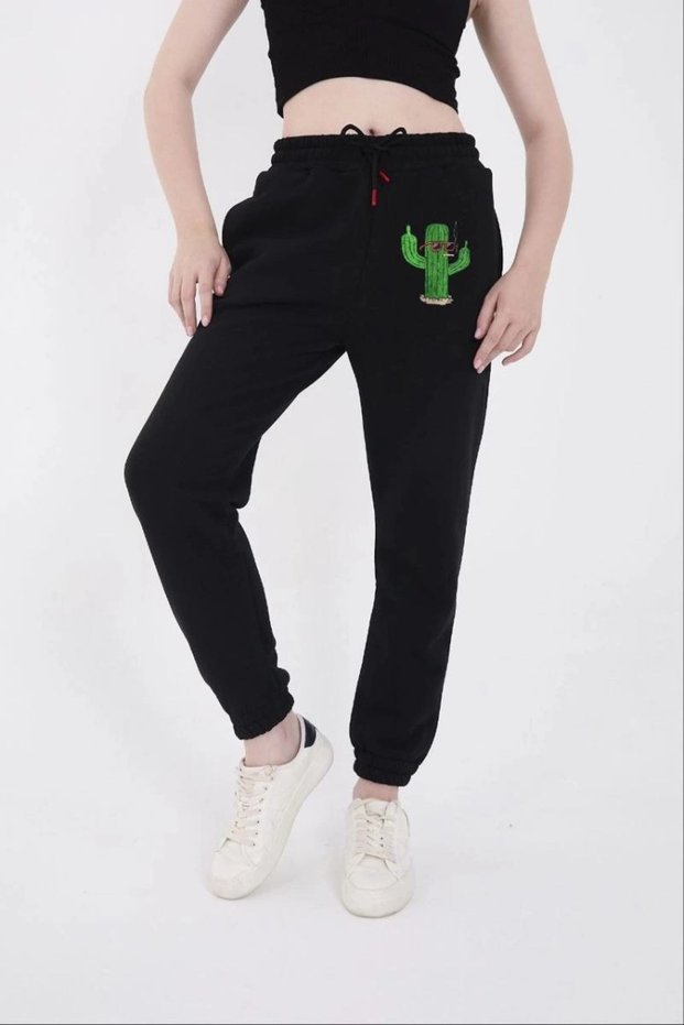 Women's Three-Yarn Cotton Printed Sweatpants with Elastic Cuffs - Black