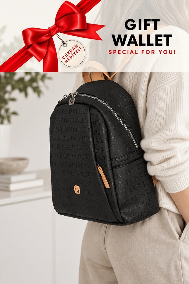 4040 Black Camel Original Women's Backpack with Wallet, 9 Compartments, Medium Size, 31X29 cm