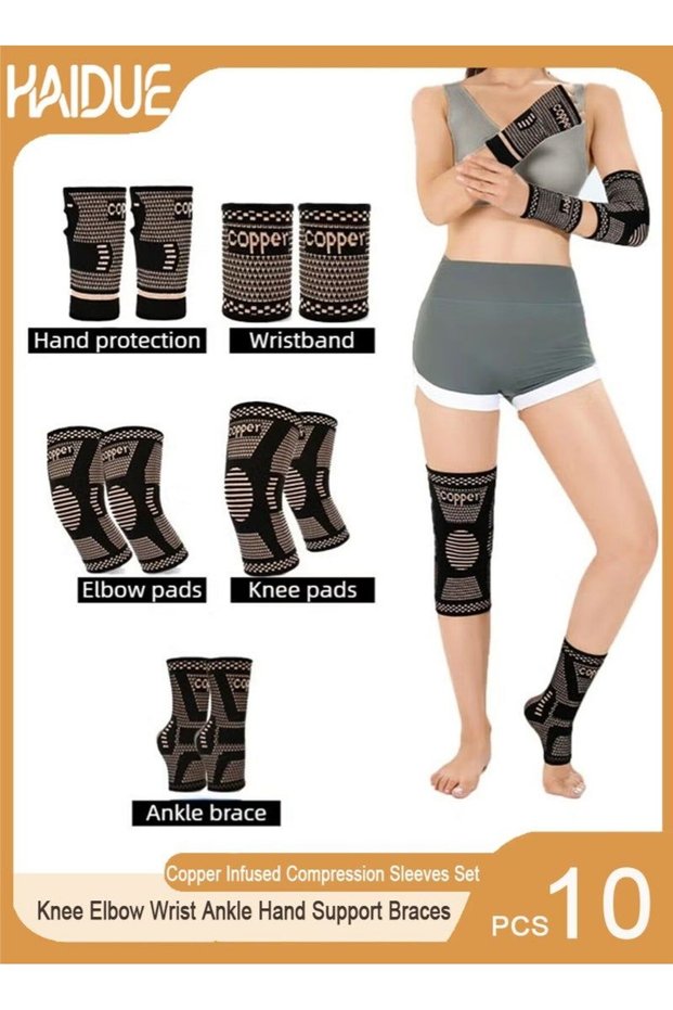 10PCS Copper Infused Compression Sleeves Set, Knee Elbow Wrist Ankle Hand Support Braces for Men Women, Breathable Joint Protection for Sports Fitness Running Basketball
