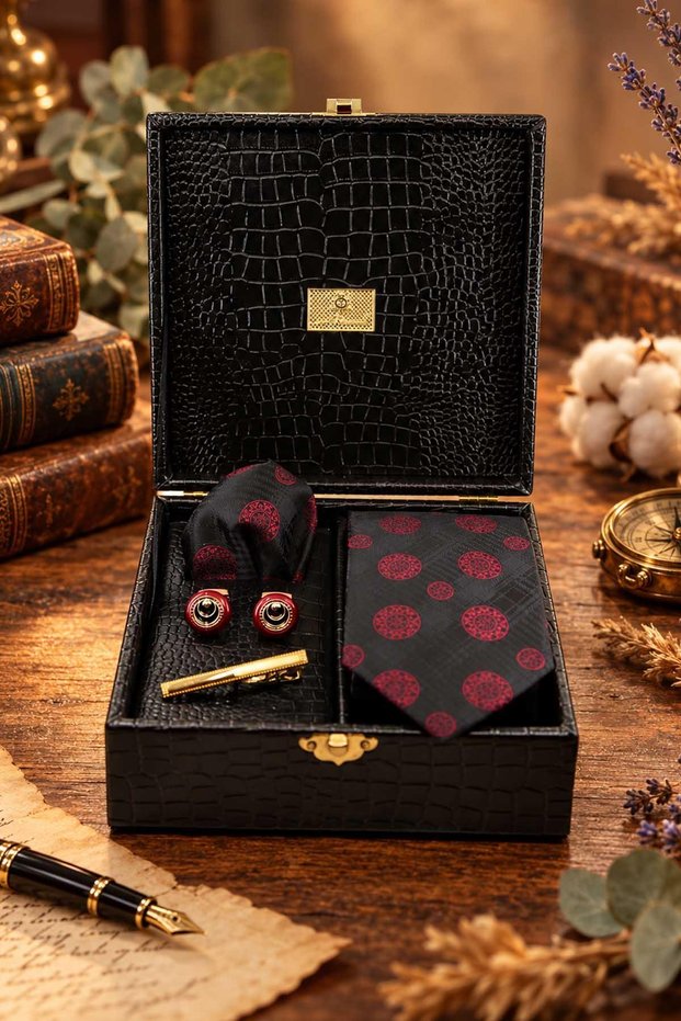 Black Men's Gift Box - Tie, Handkerchief, Cufflinks, Tie Clip Set Kmk296