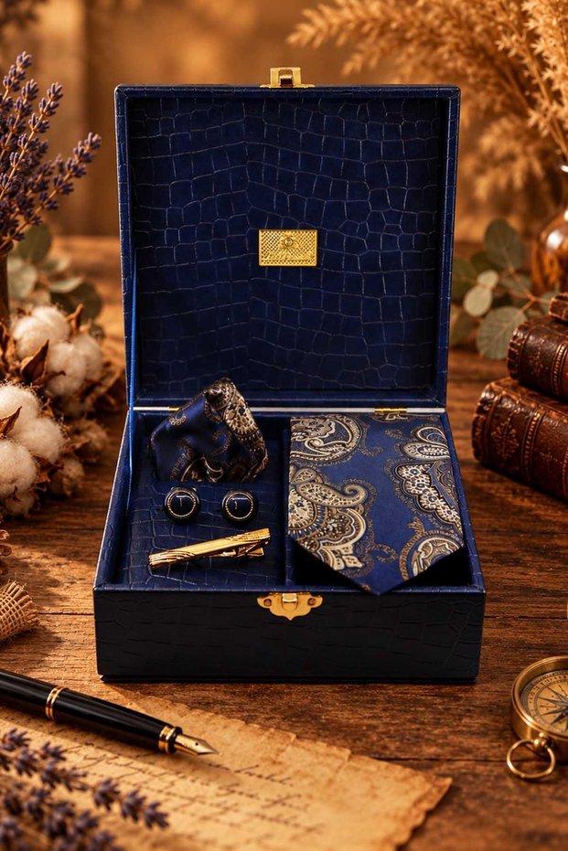 Navy Blue Men's Gift Box - Tie, Handkerchief, Cufflinks, Tie Clip Set Kmk299