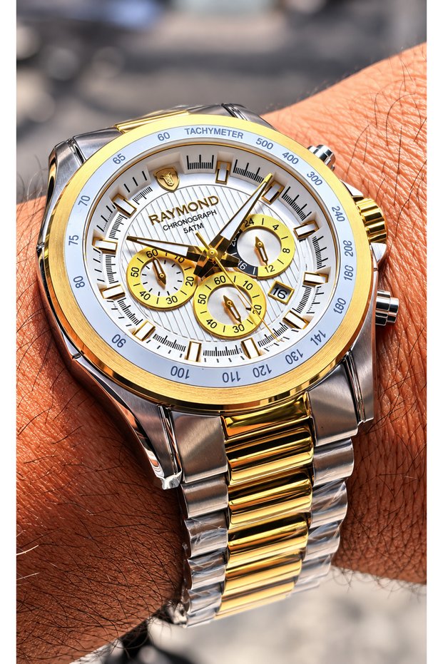 Men's Wristwatch Japanese Mechanism Active Chronometer White Dial Silver Gold Steel Band with Calendar