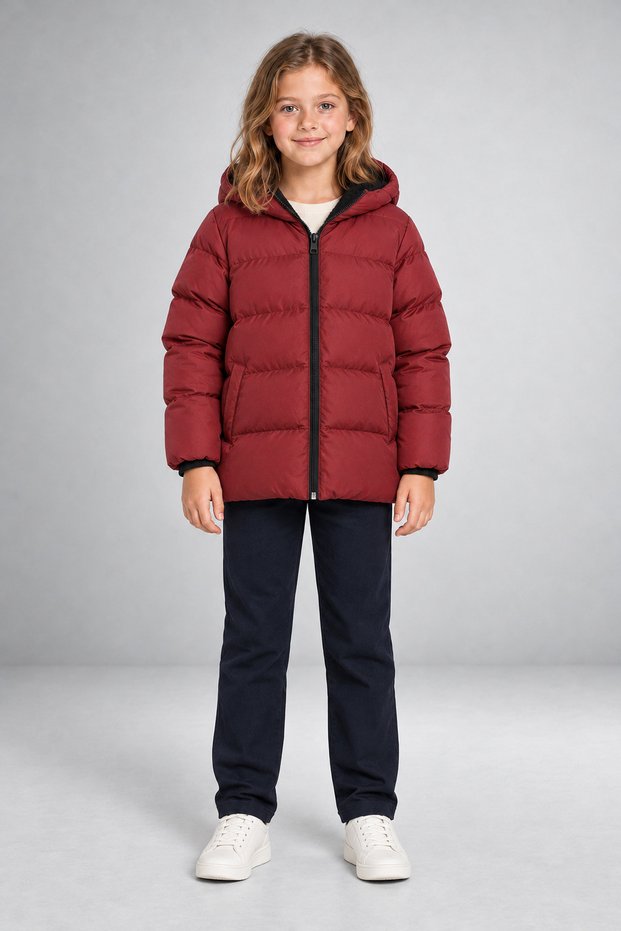 Girl's Burgundy Fleece Fur Hooded Windproof Inflatable Winter Coat
