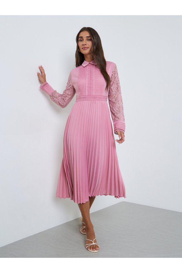 Pink Lace Sleeve Pleated Midi Dress