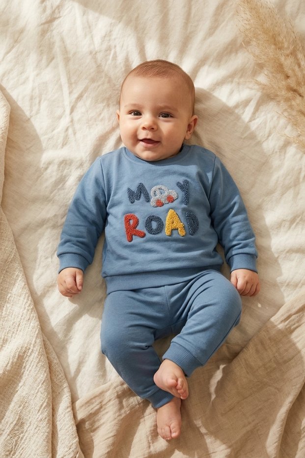Baby Boys My Road Embossed Boucle Embroidered Cotton Two-Thread Sweatshirt and Bottom Sweatpants Set