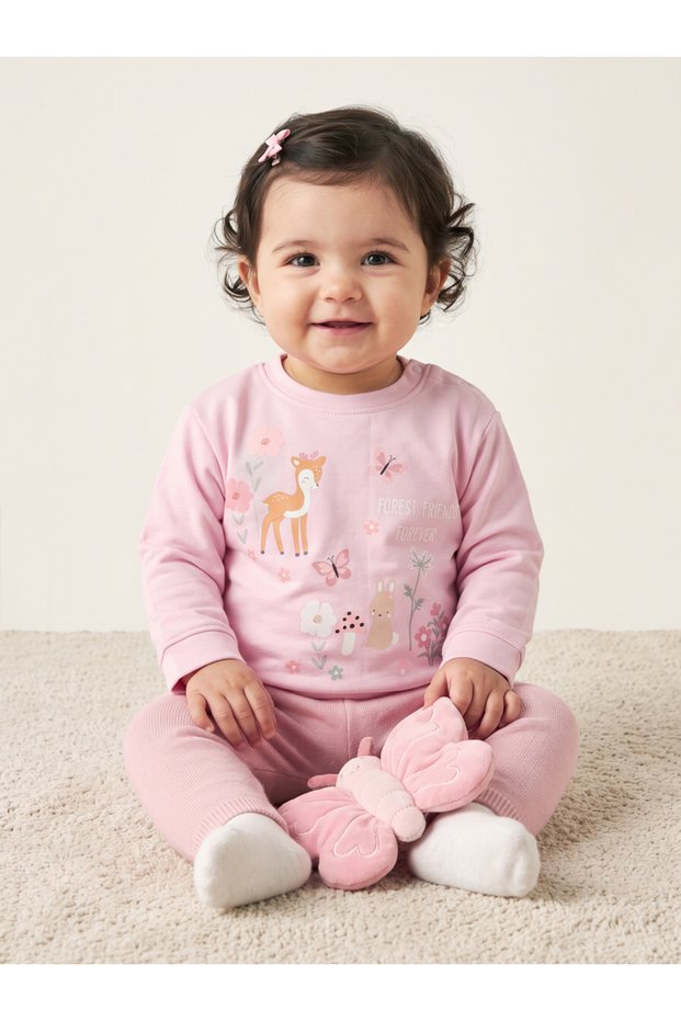Baby Girls Pink Cotton Graphic Sweatshirt with Shoulder Snap