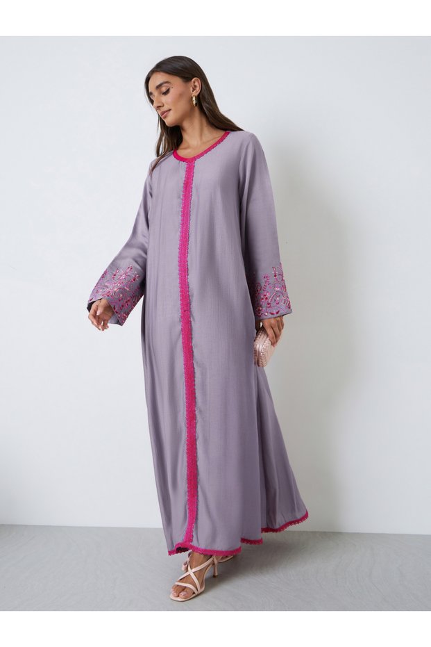 Purple Embroidered Jalabiya with Lace Trim