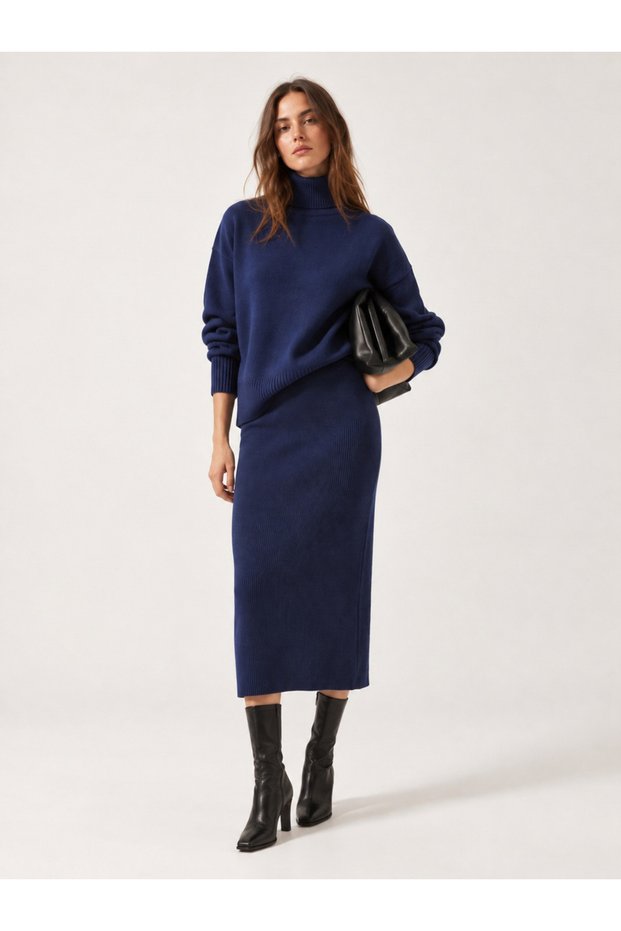 Dark Blue Knit Turtle Neck Sweater and Skirt Co-ords
